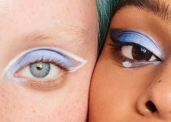 Close-up of two individuals' eyes with creative makeup, showcasing eyeliner and eyeshadow styles