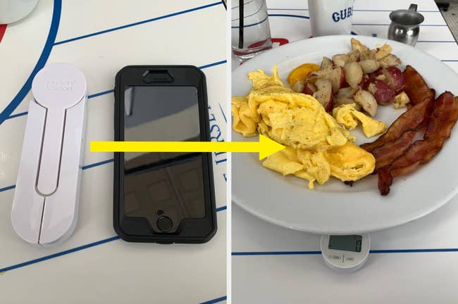 small phone-sized collapsed scale, then the scale expanded into a tripod to weigh a plate of food 