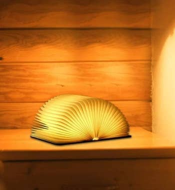 The book lamp laying flat and lit with pages fanned out and open 