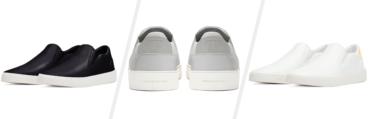 Three images of black, gray, and white sneakers