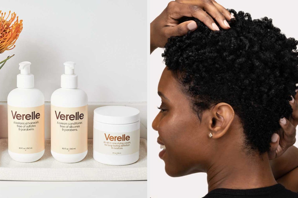 Yellow and white shampoo and conditioner bottles on top of white tray, model touching black coily hair in black top