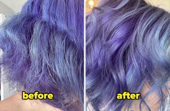 Before and after comparison of purple hair, showing improved smoothness and sheen in the after image