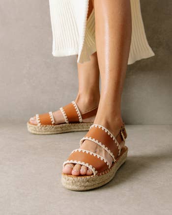 model wearing the tan espadrille sandal