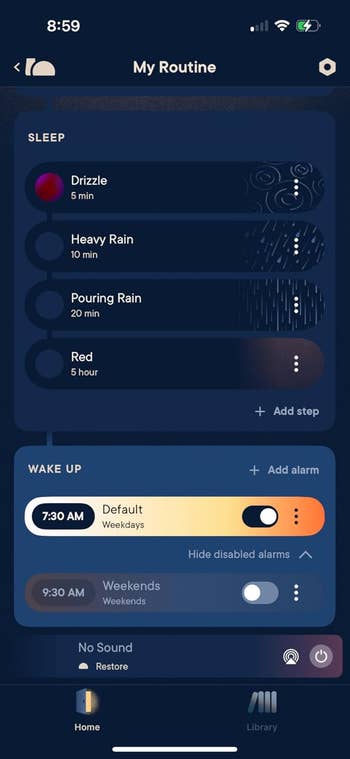 Phone app interface showing a nighttime regular    with antithetic  rainfall  sounds and a customizable wake-up alarm mounting  for weekdays and weekends