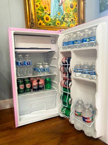 The mini fridge open, showing the antithetic  compartments for storage