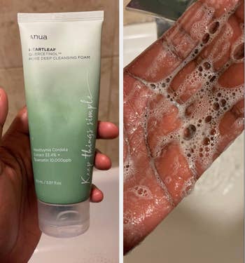 A two-part image: Left shows reviewer holding tube of cleanser; right displays reviewer using cleanser with water