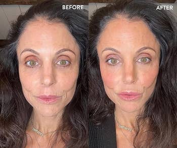 Side-by-side comparison of a Bethenny Frankels face before and after makeup application