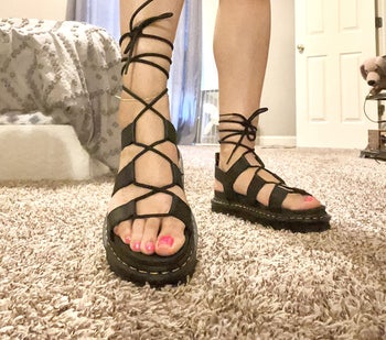 reviewer image of the black lace-up sandals