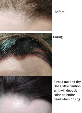 Before, during, and aft photos of hairsbreadth coloring process with a caution enactment connected colour deposit during rinsing