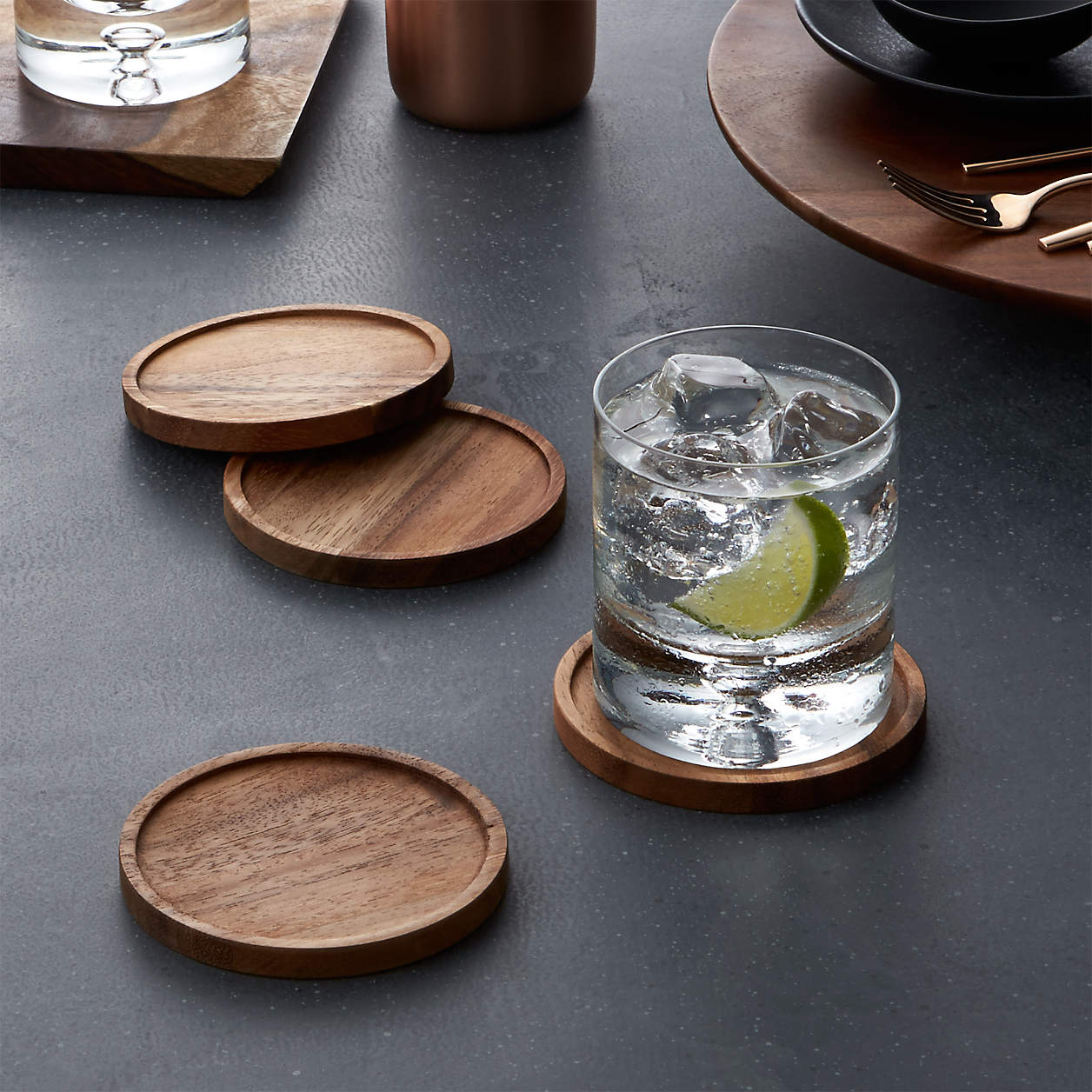 Round Slate Stone Rustic Beverage Drink Table Coasters Set with Acacia Wood Holder 4 Coasters