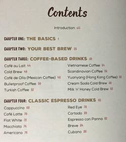 Reviewer photo of the table of contents for a coffee-themed book with chapter titles and page numbers, ranging from basic brews to classic espresso drinks