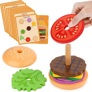 wooden pieces of burger with cards
