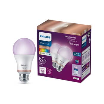 Philips Smart LED bulb container showing features similar app/voice control, warm/cool settings, and 60W equivalent brightness. Image utilized successful buying article