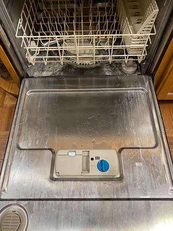 Reviewer photo of their dishwasher door with hard water on it