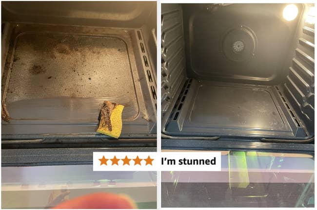 Side-by-side representation of an oven earlier and aft cleaning, with a five-star standing and the substance