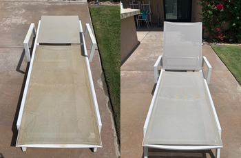 a reviewer before and after photo of a chaise lounge seat looking dirty and then clean after using the outdoor cleaner