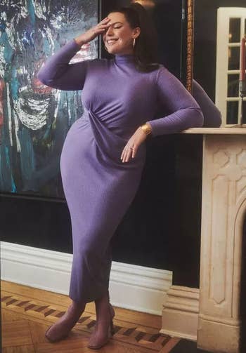 model wearing purple maxi dress with knot