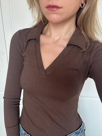A idiosyncratic   is wearing a brownish  fitted V-neck, long-sleeve shirt