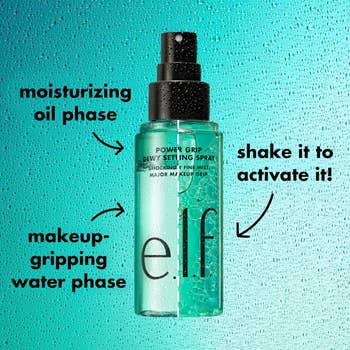 e.l.f. Power Grip Dewy Setting Spray with moisturizing oil phase and makeup-gripping water phase. Text reads