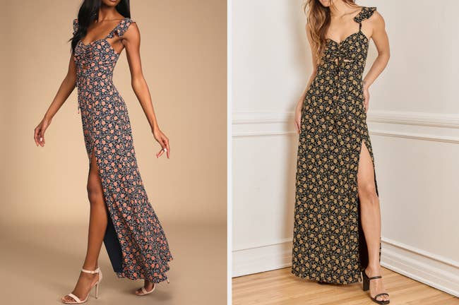 Two models wearing the maxi dress in different colors