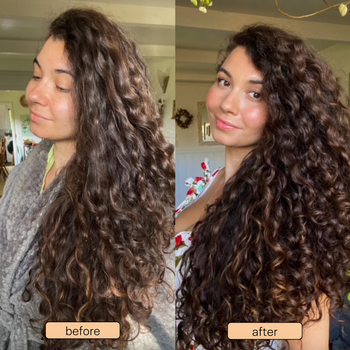 before and after of a model's curls which have been defined after using the cream