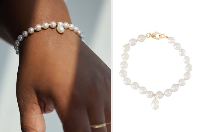 Model wearing pearl beaded bracelet with gold rings, product laying flat on a white background