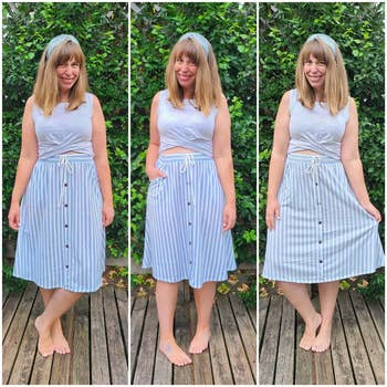 reviewer wears blue twist-front crop top with a striped midi skirt