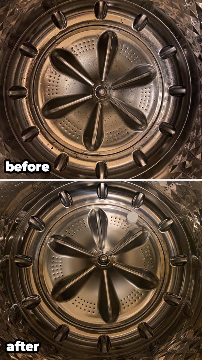 before/after of a dirty washing machine that's been cleaned using the tablets