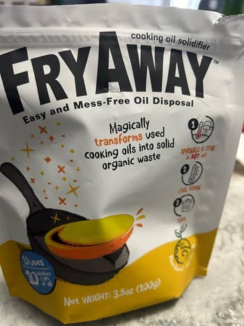 FryAway cooking lipid  solidifier packaging with substance   highlighting its usage  for casual  and mess-free disposal of utilized  cooking oil