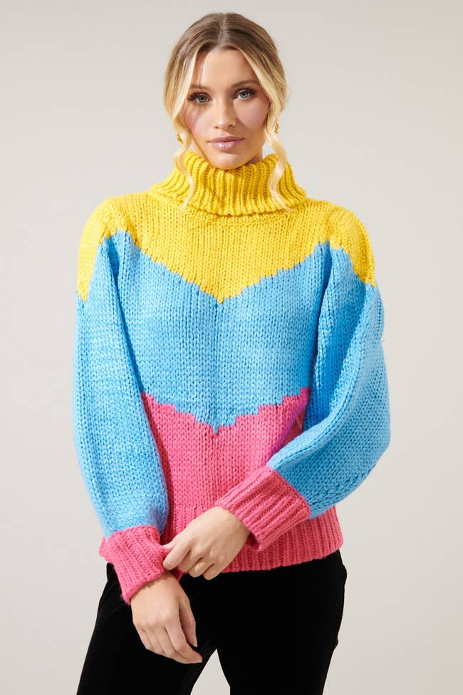 model in yellow blue and pink chevron colorblock sweater