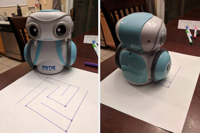 Split reviewer's image of front and back of white, light blue, and black robot toy drawing on paper