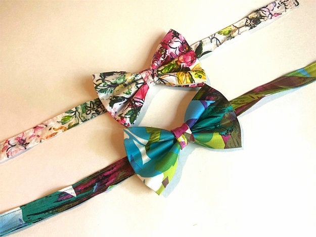 floral bow tie set with green, pink, and yellow colors