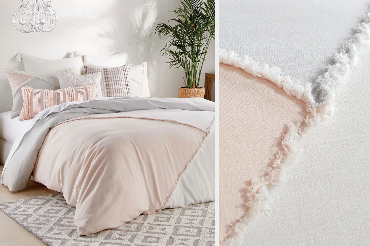 Peach, white, and gray color block comforter with matching pillow and throw pillows against a white wall, close up of comforter material with fluffy edging