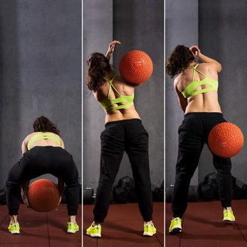 model completing squat and toss movements with 20-pound orange slam ball
