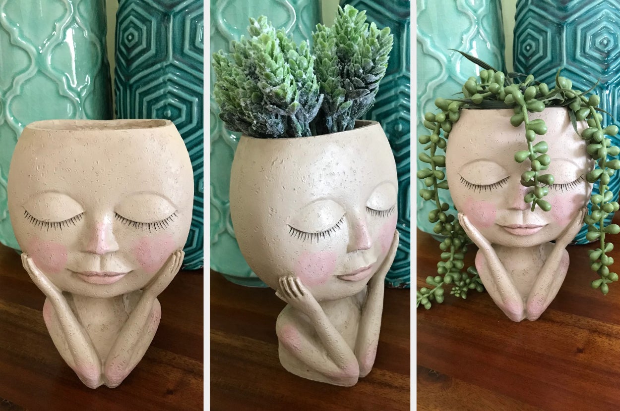 Empty planter with painted face and hands on face, side view of planter with tall succulent inside, front view of product with hair-like plant growing out of it on hardwood table