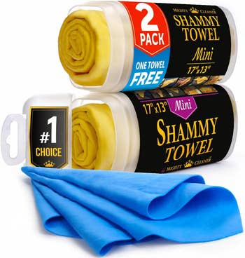 Two-pack of Shammy Towels with one blue towel displayed in front, used for cleaning and absorbing spills