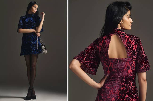 Model wearing cobalt blue and navy mini velvet dress with flowy open three quarter sleeves paired with tights and black heels, model showing back view of dress in red and pink with a cutout