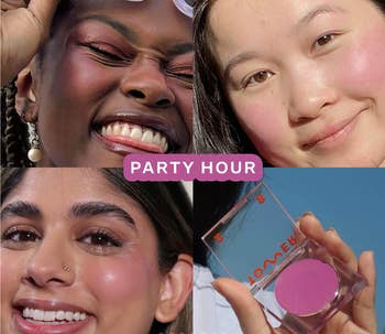 Three models of different skin tones wearing the mauve blush and smiling, and then a hand holding up the blush