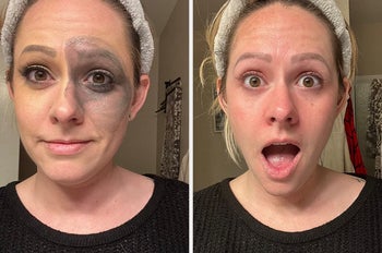 A reviewer with a full face of makeup and an after image with it fully taken off