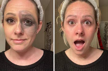 A reviewer with a full face of makeup and an after image with it fully taken off 