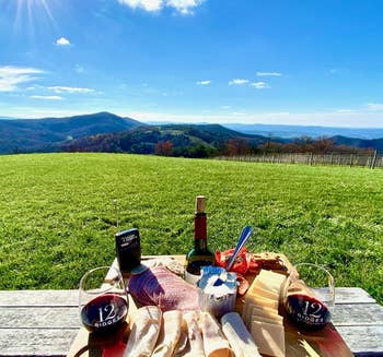 reviewer photo of the table filled with charcuterie and wine in front of a field and mountains
