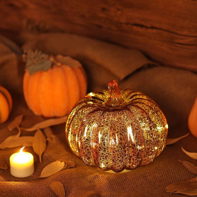 photo of the lighted glass pumpkin