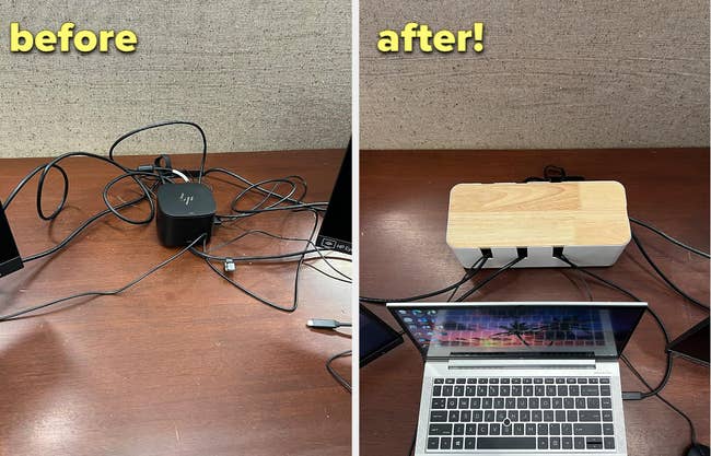 left: reviewer before photo of messy cables on a  desk / right: after photo of them hidden neatly in white cable management box with wood top