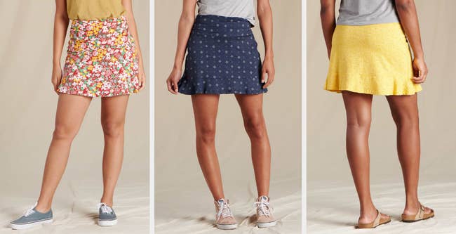 Three images of models wearing different colored mini skirts