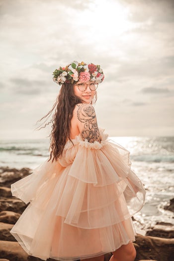 another reviewer in the gauzy off the shoulder dress in pink