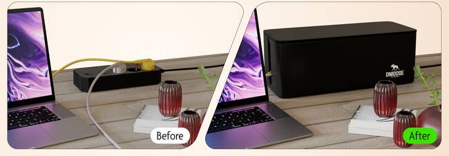 Comparison of two desks: Left, showing cable clutter. Right, showing an organized desk with cables hidden in a black box labeled