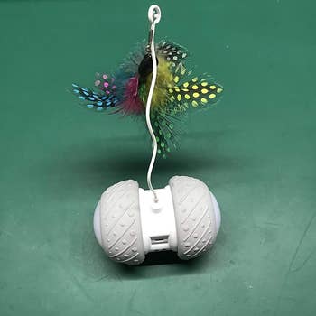 the automatic toy with grey wheels and a dangling feather on top