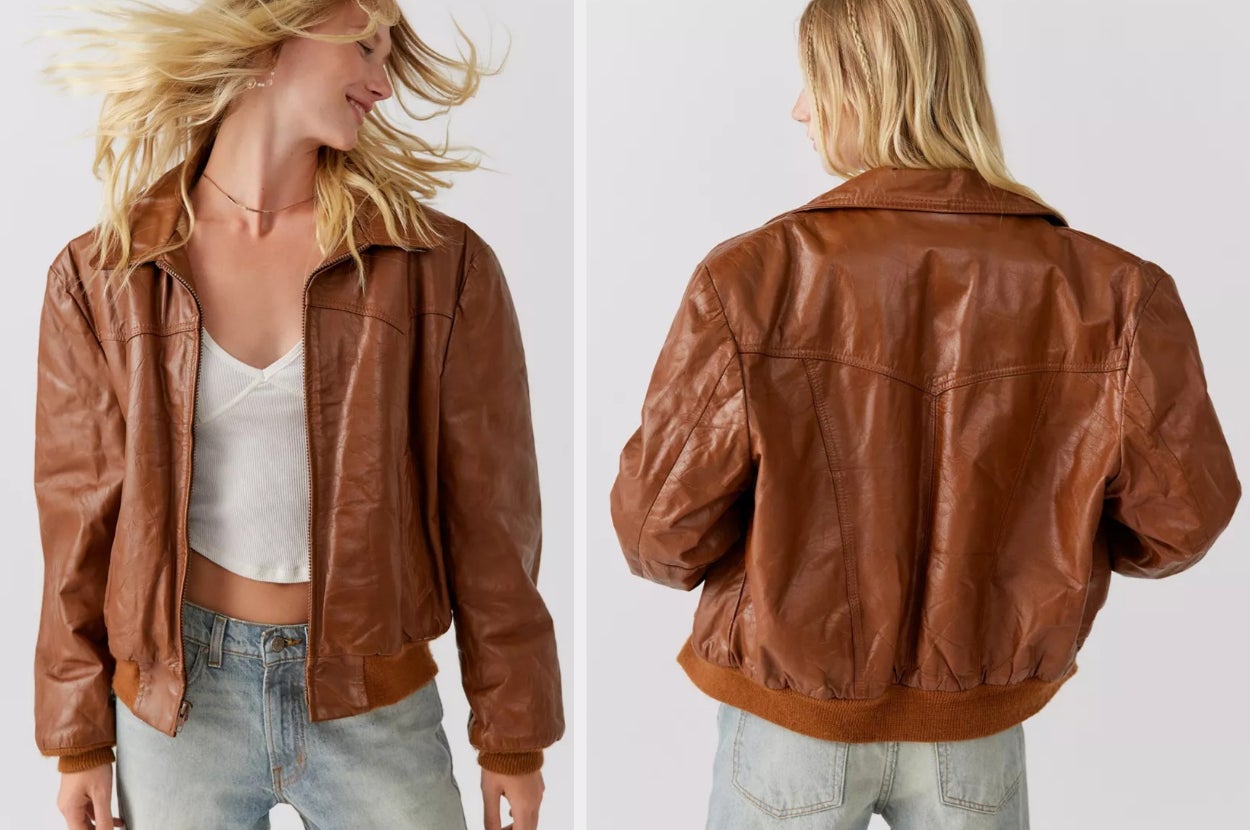 Two images of a model wearing the brown jacket
