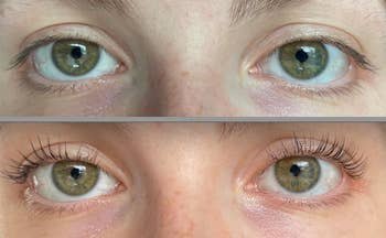 Close-up of eyes showing eyelashes earlier and aft utilizing a volumizing mascara product, highlighting the quality successful eyelash fullness
