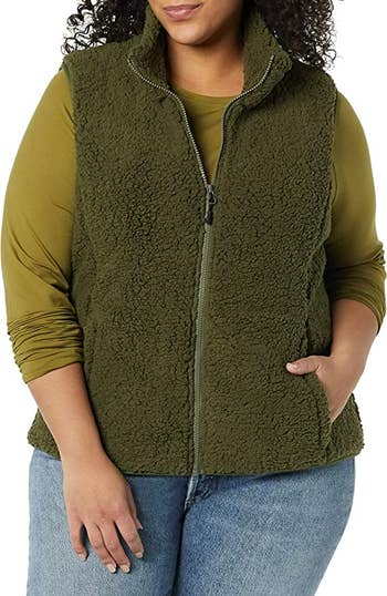 different model wearing the vest in army green